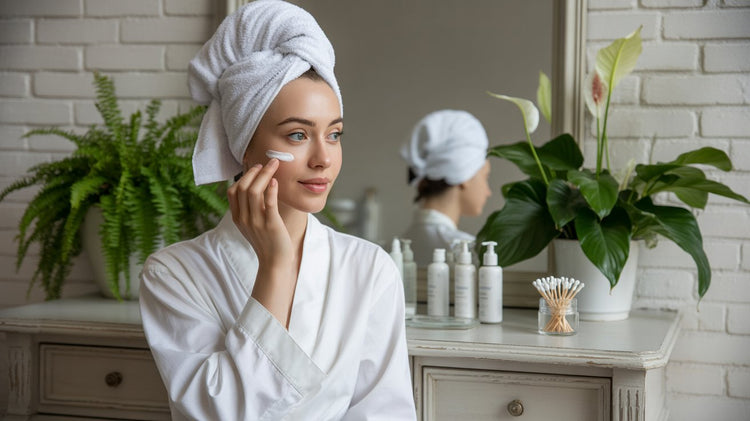 Woman applying cream to her face in a bathroom with plants and skincare products.